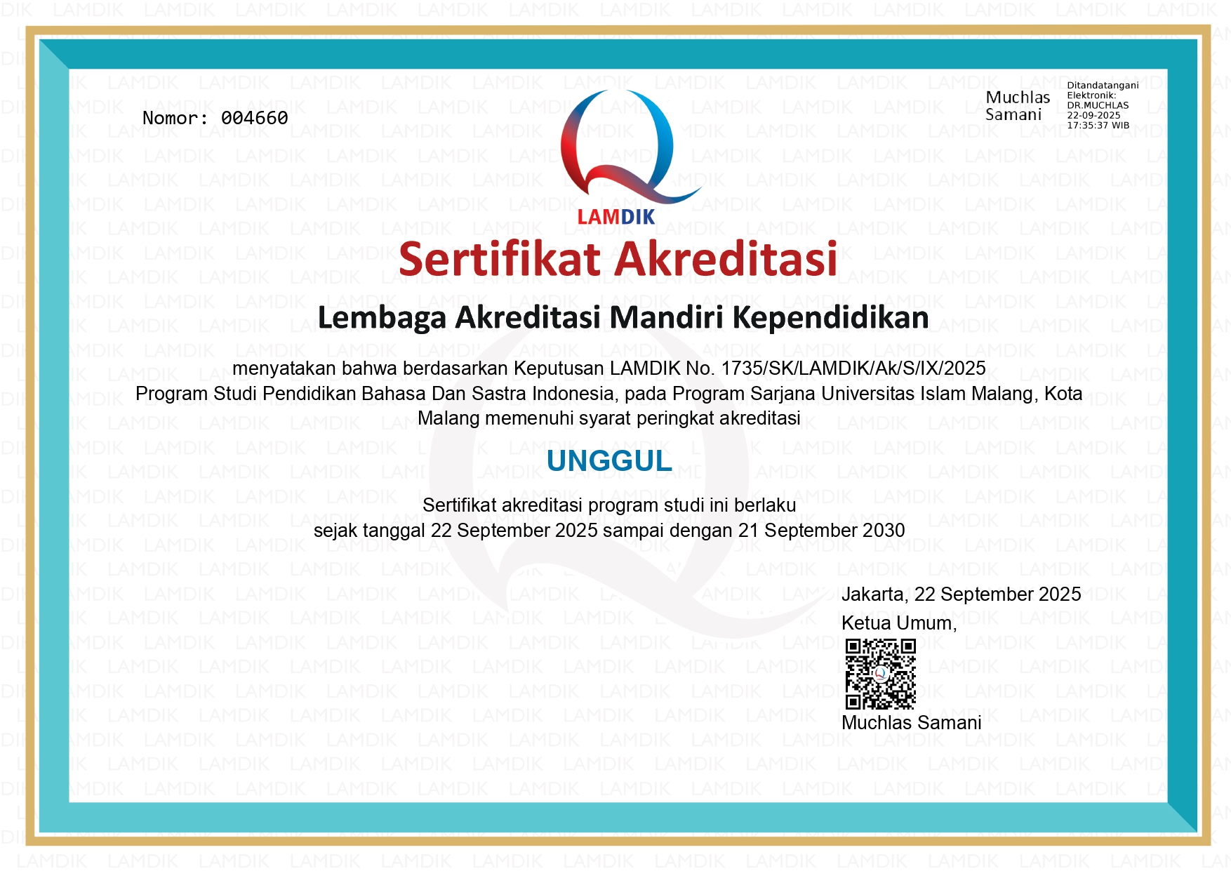 Sertifikat Akreditasi Unggul PBSI UNISMA